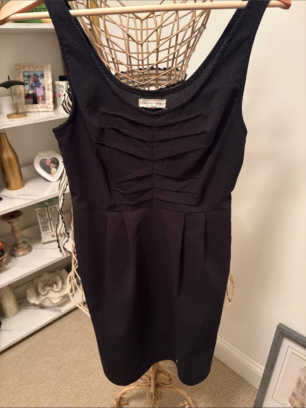 silence + noise Black Textured Sleeveless Sheath Dress with Pleated Bodice